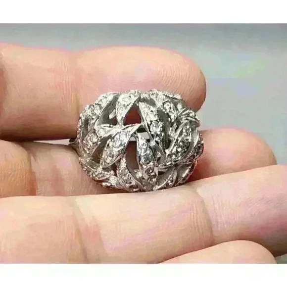 Sterling Silver Pave Leaves Dome Ring .925 Band CZ Ring Cubic Zirconia Size 8 - Picture 10 of 11